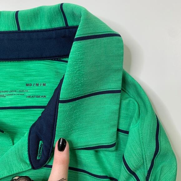 Under Armour Polo Shirt Mens M Medium Kiwi Green Heatgear Loose Fit Striped Golf - Picture 10 of 12